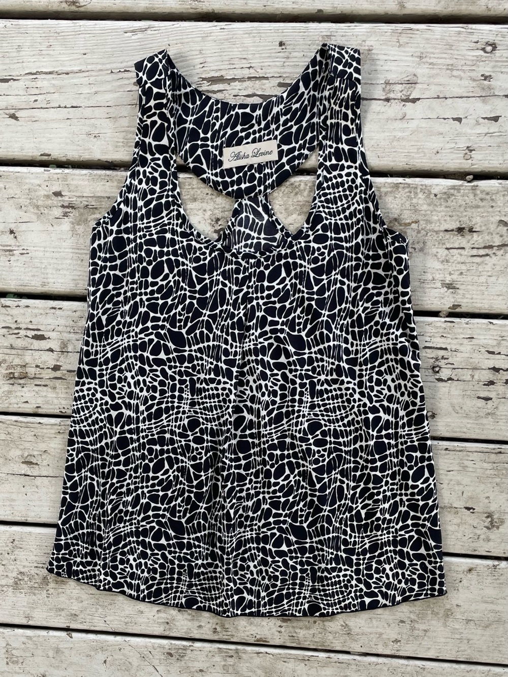 Alisha Levine Black & White Geometric Silk Abstract Racerback Tank Top XS